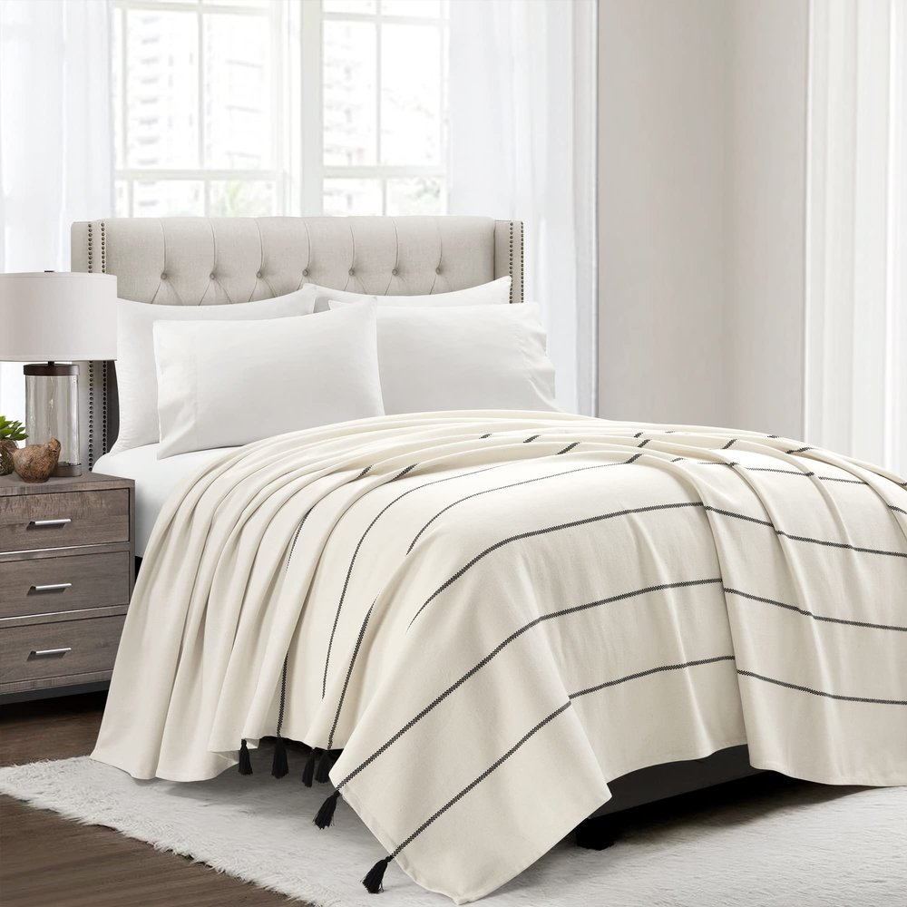 Lush Decor Farmhouse Boho Stripe Woven Tassel Yarn Dyed Cotton Coverlet, King, Ivory & Black