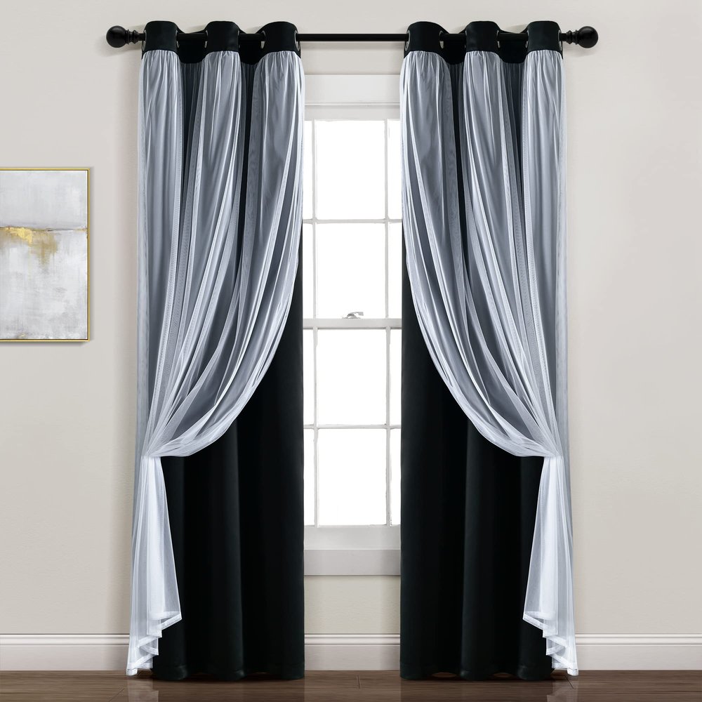 Lush Decor Sheer Grommet Curtains With Insulated Blackout Lining, Window Curtain Panels, Pair, 38"W x 84"L, Black - Curtain With Sheer Overlay, Elegant Blackout Curtains for Bedroom
