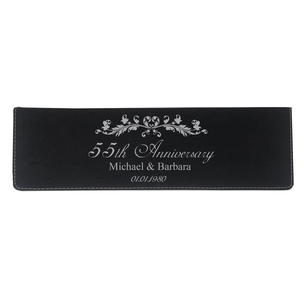 55th Anniversary - Custom Personalized - Couples Faux Leather Leatherette Wedding Wine Box Set, Foil Cutter, Decanter Pourer, Stopper, Corkscrew