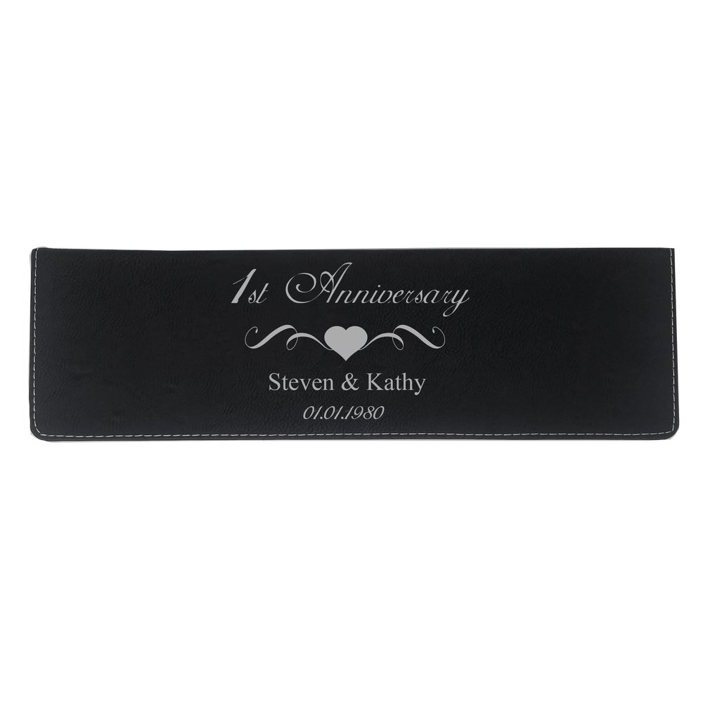 1st Anniversary - Custom Name/Personalized Date Personalized - Couples Faux Leather Leatherette Wedding Wine Box Set, Foil Cutter, Decanter Pourer, Stopper, Corkscrew