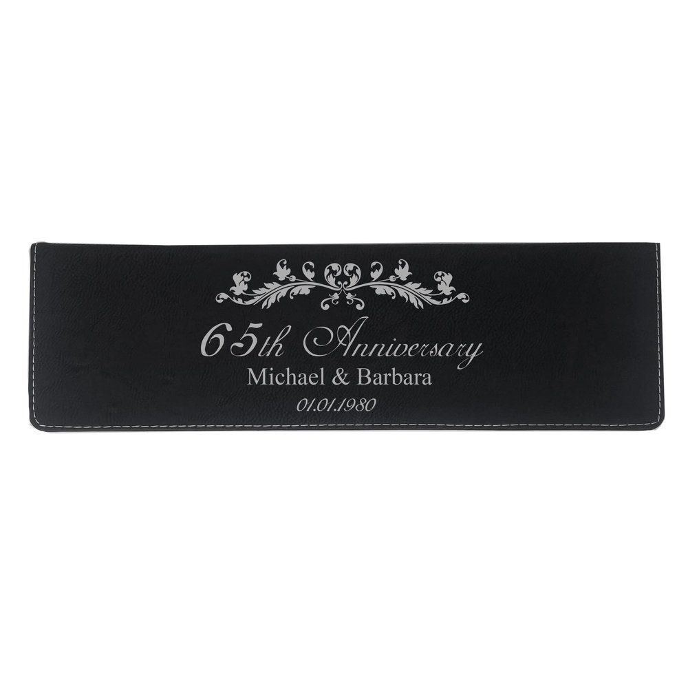 65th Anniversary - Custom Personalized - Couples Faux Leather Leatherette Wedding Wine Box Set, Foil Cutter, Decanter Pourer, Stopper, Corkscrew