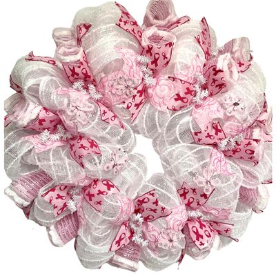 Breast Cancer Awareness Pink Butterfly Ribbon Wreath Handmade Deco Mesh Available in 24 inch and 28 inch diameters