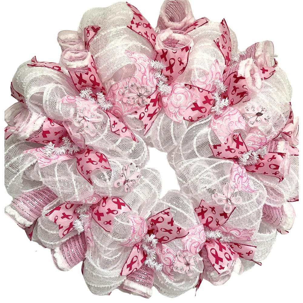 Breast Cancer Awareness Pink Butterfly Ribbon Wreath Handmade Deco Mesh Available in 24 inch and 28 inch diameters