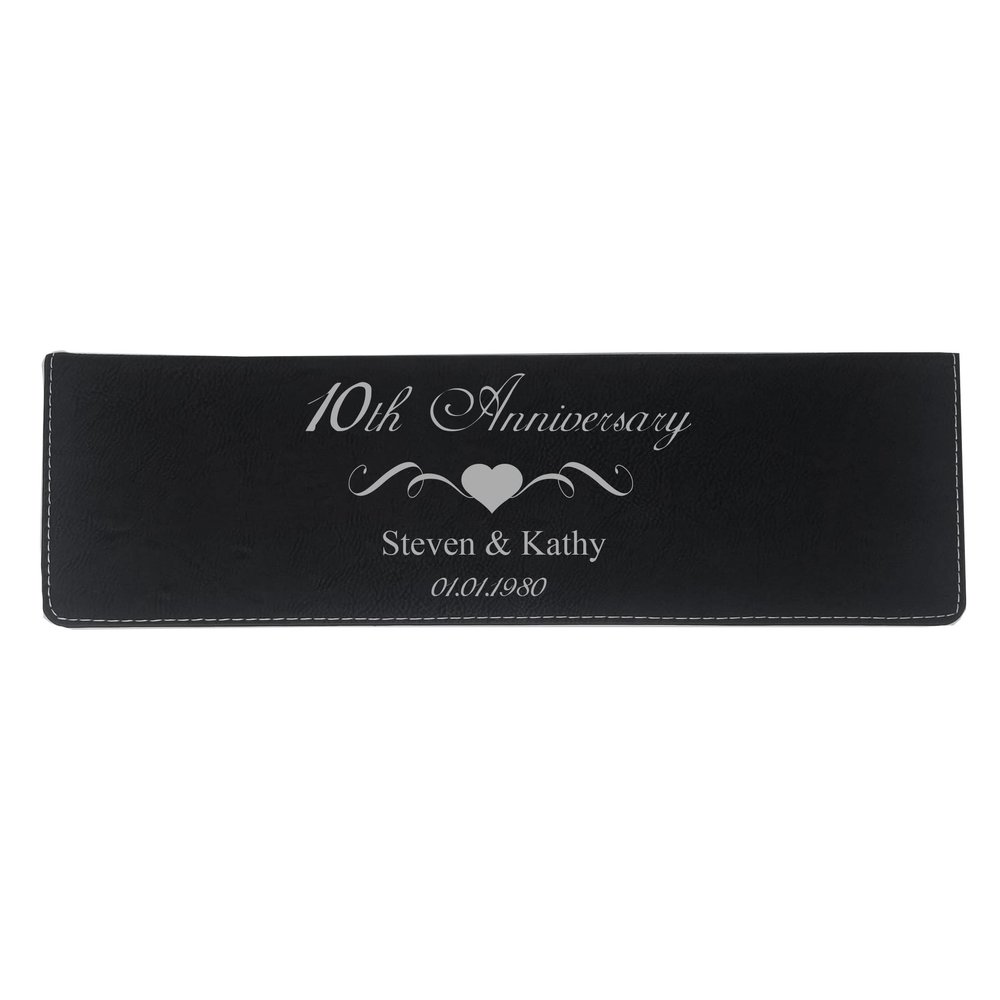 10th Anniversary - Custom Name/Personalized Date Personalized - Couples Faux Leather Leatherette Wedding Wine Box Set, Foil Cutter, Decanter Pourer, Stopper, Corkscrew