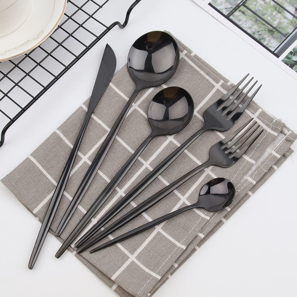 Matte Black Silverware Set Stainless Steel Flatware Service for 4 Kitchen Restaurant Hotel Cutlery Utensil Include Knife Spoon Fork Teaspoon Dessert Spoon and Fork Mirror Polished Dishwasher Safe