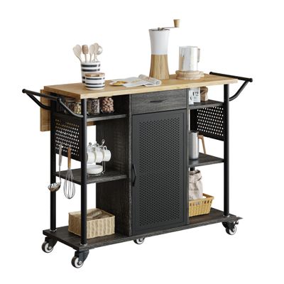 Bestier Rolling Kitchen Utility Cart with Collapsible Surface Extender, 6 Shelves, 1 Cabinet, 1 Drawer, Dual Side Handles, & Hanging Peg Holes, Black