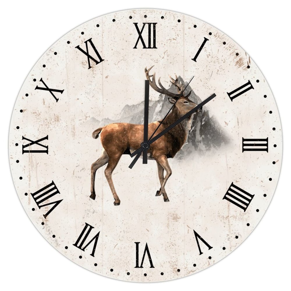 Wild Animal Deer Wall Clock 15in Roman Numerals Wooden Wall Clock Whisper Quiet Country Style Holiday Party Gift Popular Wall Decor for Kitchen Bathroom Restaurant Balcony