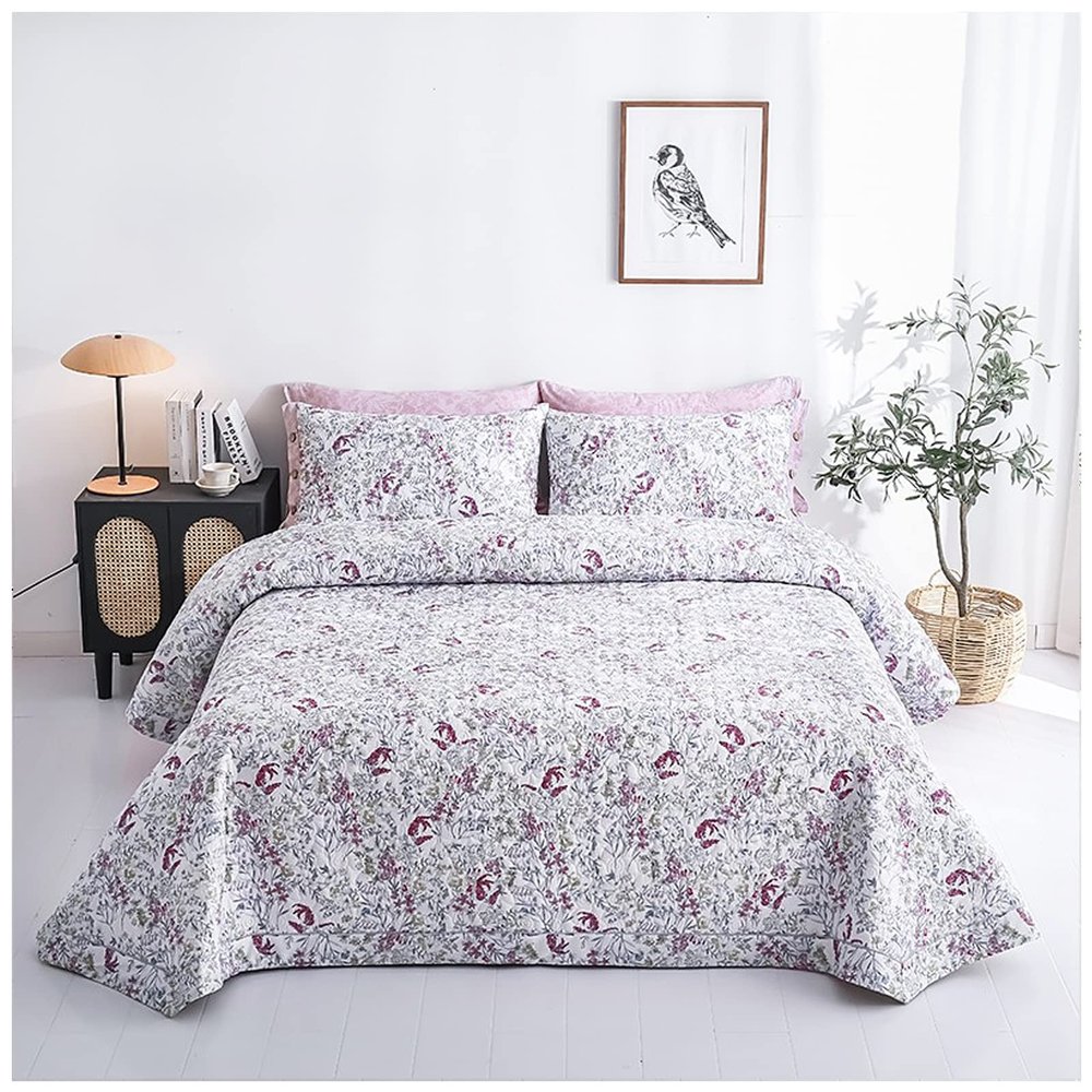 3 Pieces Quilt Set Full Queen Size Purple Floral Pattern Quilt Coverlet Set Elegant Boho Bedspread with Pillow Shams Lightweight Microfiber Bedding Quilt Set All Season