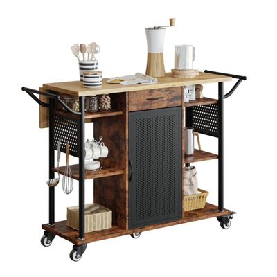 Bestier Rolling Kitchen Utility Cart with Collapsible Surface Extender, 6 Shelves, 1 Cabinet, 1 Drawer, Dual Side Handles, & Hanging Peg Holes, Brown