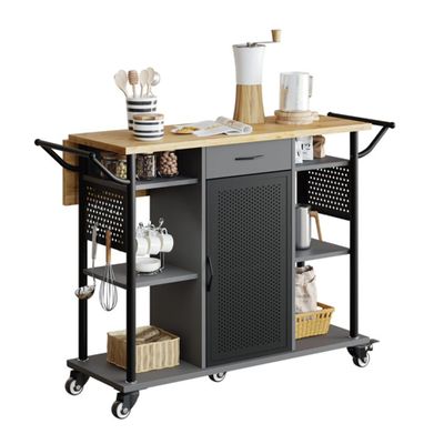 Bestier Rolling Kitchen Utility Cart with Collapsible Surface Extender, 6 Shelves, 1 Cabinet, 1 Drawer, Dual Side Handles, & Hanging Peg Holes, Grey