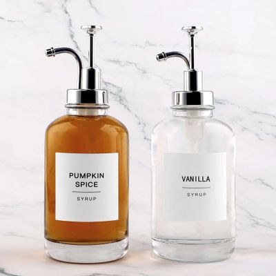 Glass Coffee Syrup Dispenser Bottles with 84 Labels (Set of 2), Coffee Pump Dispenser for Coffee Bar Accessories, 16.9 oz, Silver