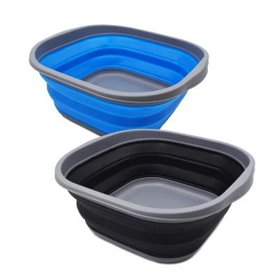 SAMMART 10L (2.6 Gallons) Set of 2 Collapsible Tub - Foldable Dish Tub - Portable Washing Basin - Space Saving Plastic Washtub (Black + Blue)