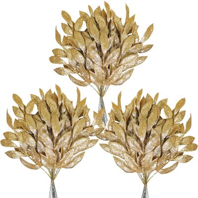 40 Pieces Gold Glittered Artificial Leaf Spray Picks 12" Tall for Christmas Winter Wedding Wreath Tree Swag Floral Arrangment Vase Bouquets Table Centerpieces Decoration
