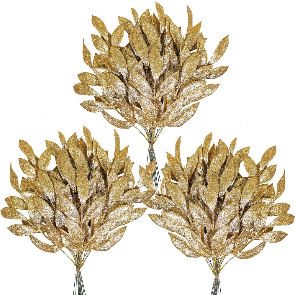40 Pieces Gold Glittered Artificial Leaf Spray Picks 12" Tall for Christmas Winter Wedding Wreath Tree Swag Floral Arrangment Vase Bouquets Table Centerpieces Decoration