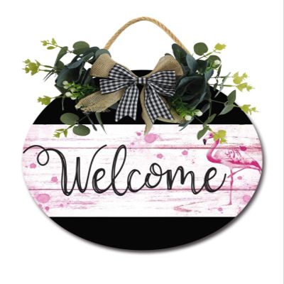 Welcome Flamingo Front Door Sign Funny Wreaths Hanging Wooden Plaque Decoration Round Rustic Wood Farmhouse Porch Decor for Home Front Door Decor, 11 x 11 Inch