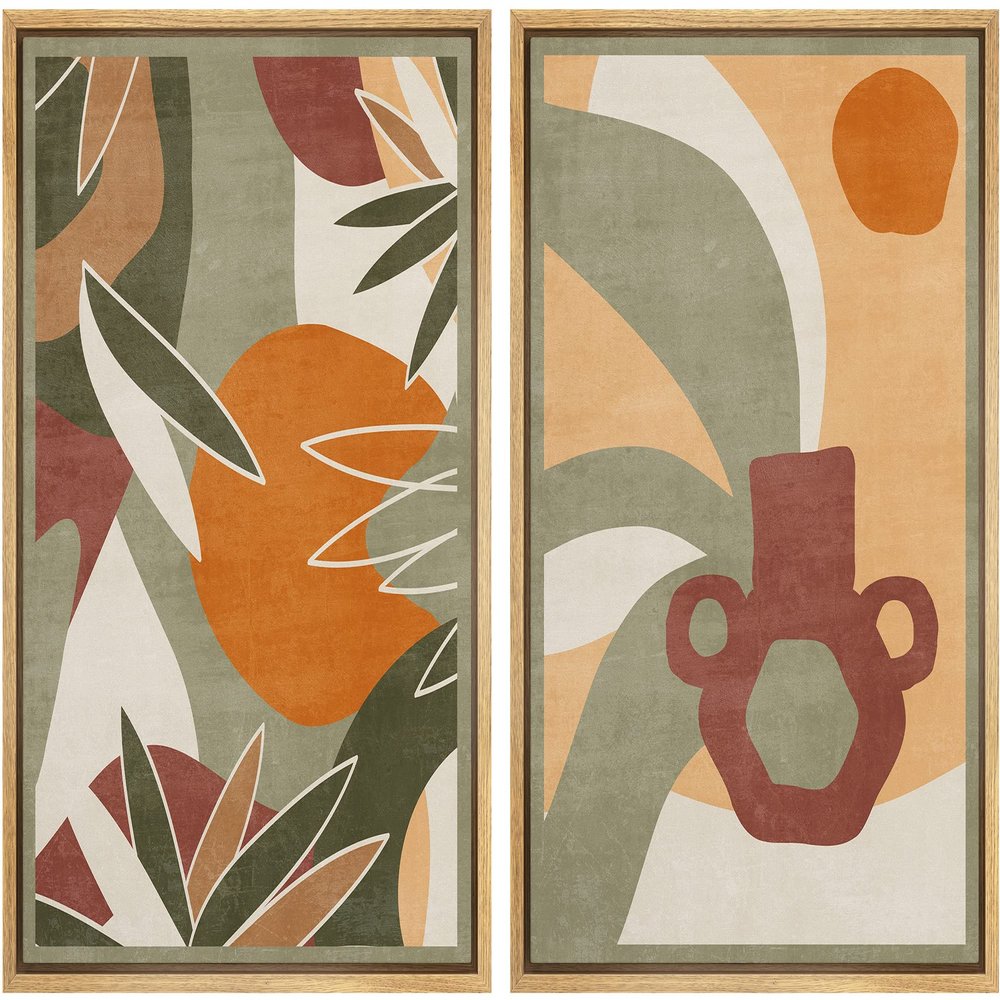 IDEA4WALL Framed Canvas Print Wall Art Set Mid-Century Geometric Tropical Plant Landscape Abstract Shapes Illustrations Modern Art Decorative Chic for Living Room, Bedroom, Office - 16"x24"x2 Natural