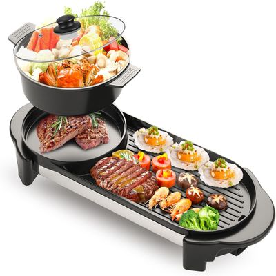 BOEASTER 2 in 1 Electric Smokeless Hot Pot with Grill, 2200W Removable Hotpot Pot, Korean BBQ and Shabu Indoor Combo,Non-Stick Skillet Pan, Dual Adjustable Temperature, 1-6 People