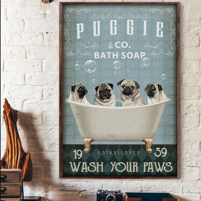 Buywell Metal Vintage Tin Sign Decor Pug Dog Bathroom Puggie Co Bath Soap Wash Your Paws Poster Wall Poster Plaque for Home Kitchen Bar Pub Club Coffee Shop Decor 5.5x8 Inch