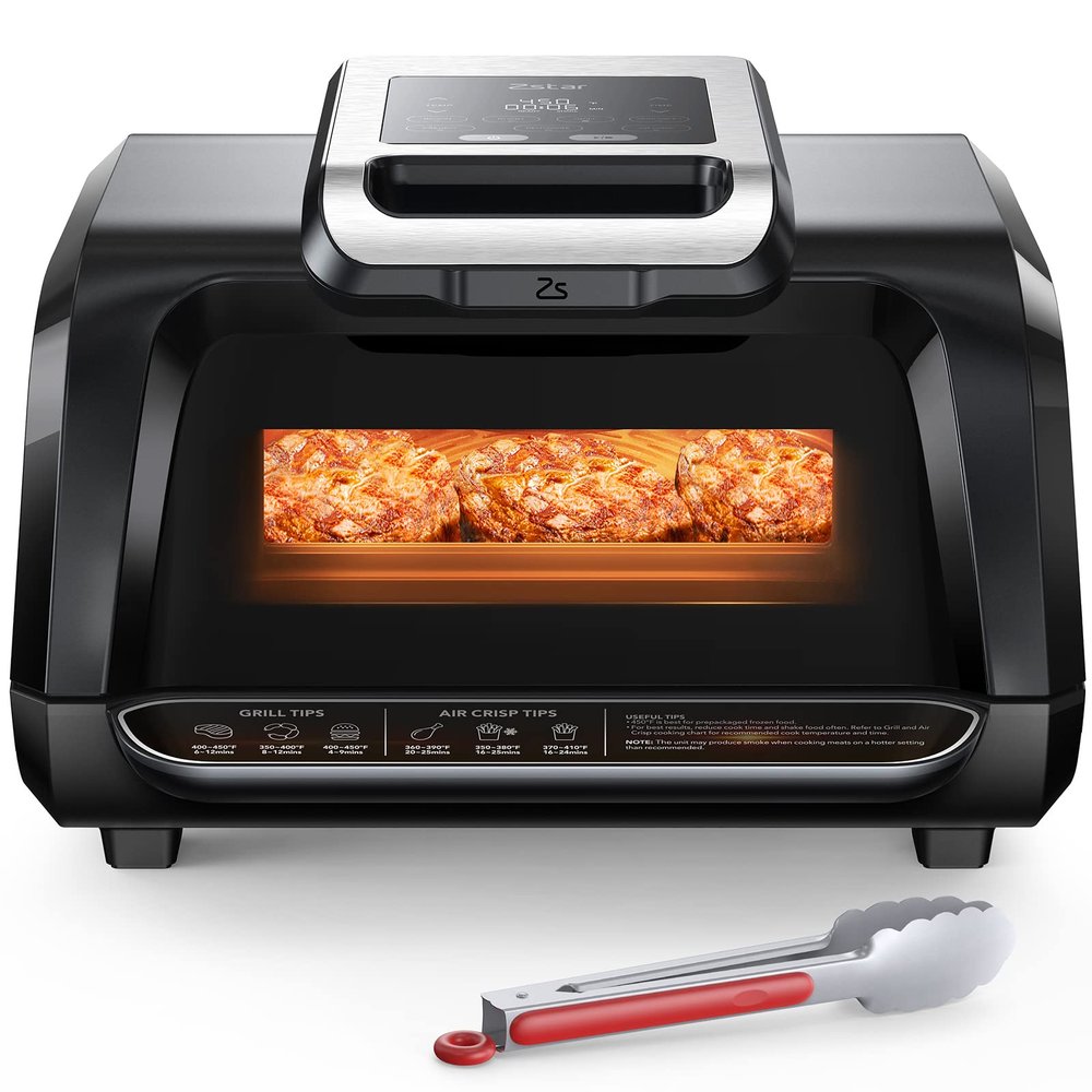 Zstar Indoor Grill Air Fryer Combo with See-Through Window, 7-in-1 Smokeless Electric Air Grill up to 450F, 1750W Contact Grill with Non-Stick Removable Plates, Even Heat, Silicon Tongs as Gift, 4Qt