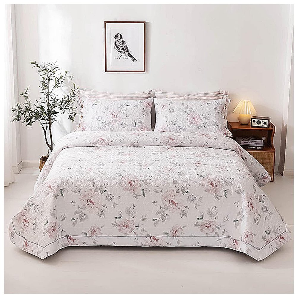 3 Pieces Quilt Set Full Queen Size, White Floral Bedspread Coverlet Set, Quilts for Full Size Bed Spreads (96" x 98"), Soft Microfiber Lightweight Bed Cover for All Season