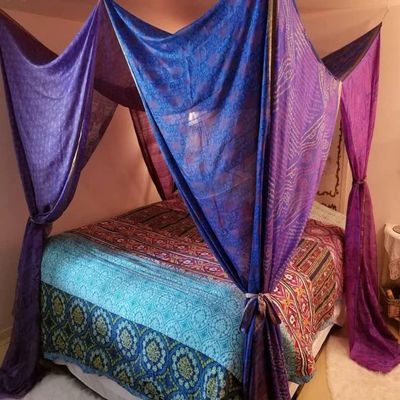 Bed Canopy Curtains Boho Curtains Bohemian Blue Decor India Silk Sari Saree Made to Order Queen Purple Over Bed Tent (King(78"x78"x78"))