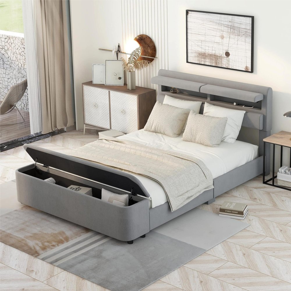 CKLMMC Full Size Upholstery Platform Bed with Storage Headboard and Footboard, Support Legs, Storage Bed, Wood Slat Support, No Box Spring Needed