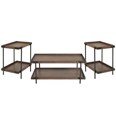 Alaterre Furniture Kyra 3-Piece Oak and Metal Living Room Set with 42" L Coffee Table and Two 27" Side Tables