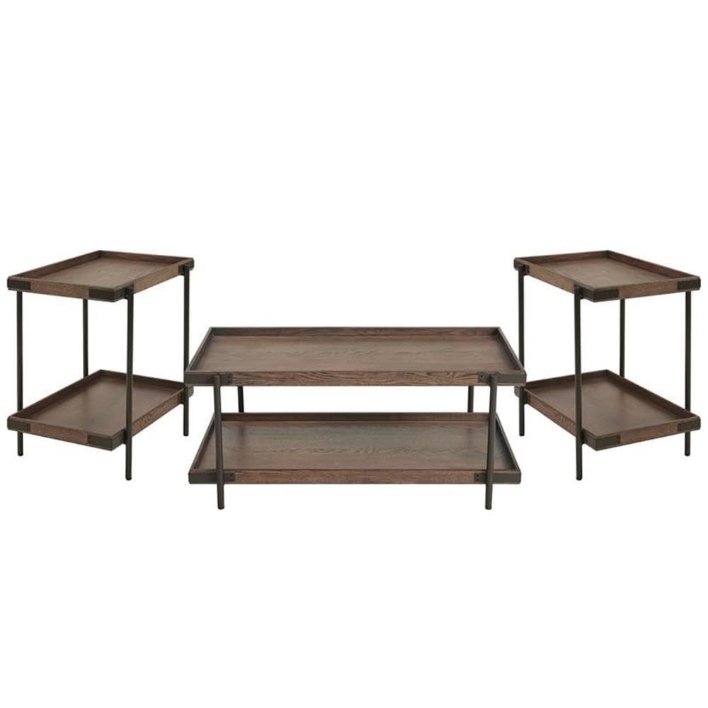 Alaterre Furniture Kyra 3-Piece Oak and Metal Living Room Set with 42" L Coffee Table and Two 27" Side Tables