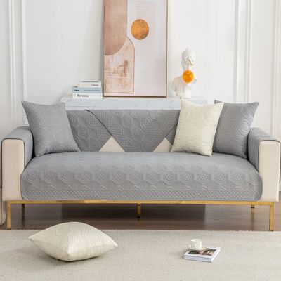 XSlive Farmhouse Cotton Embroidered Sofa Slipcover 1-Piece Solid Color Quilted Sectional Couch Cover Non Slip Soft Sofa Cover Washable Furniture Protector for Dogs, Children, Pets(Gray,43"x70")