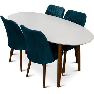 ASHCROFT Reily 5-Piece Mid-Century Oval Dining Set w/ 4 Velvet Dining Chairs in Turquoise