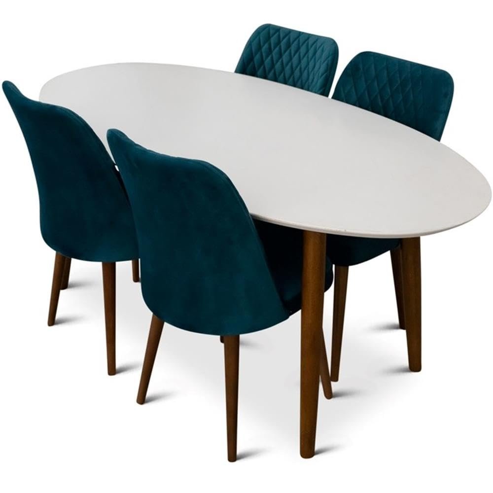 ASHCROFT Reily 5-Piece Mid-Century Oval Dining Set w/ 4 Velvet Dining Chairs in Turquoise
