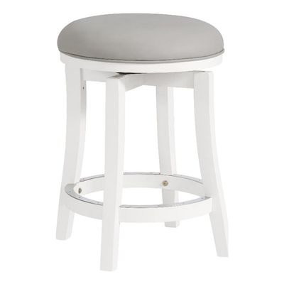 Alaterre Furniture Ellie Counter Height Swivel Barstool Upholstered 360 Memory Return Kitchen Island Chair with Padded Seat, Solid Wood Frame, and Metal Kick Plate (White & Light Gray)