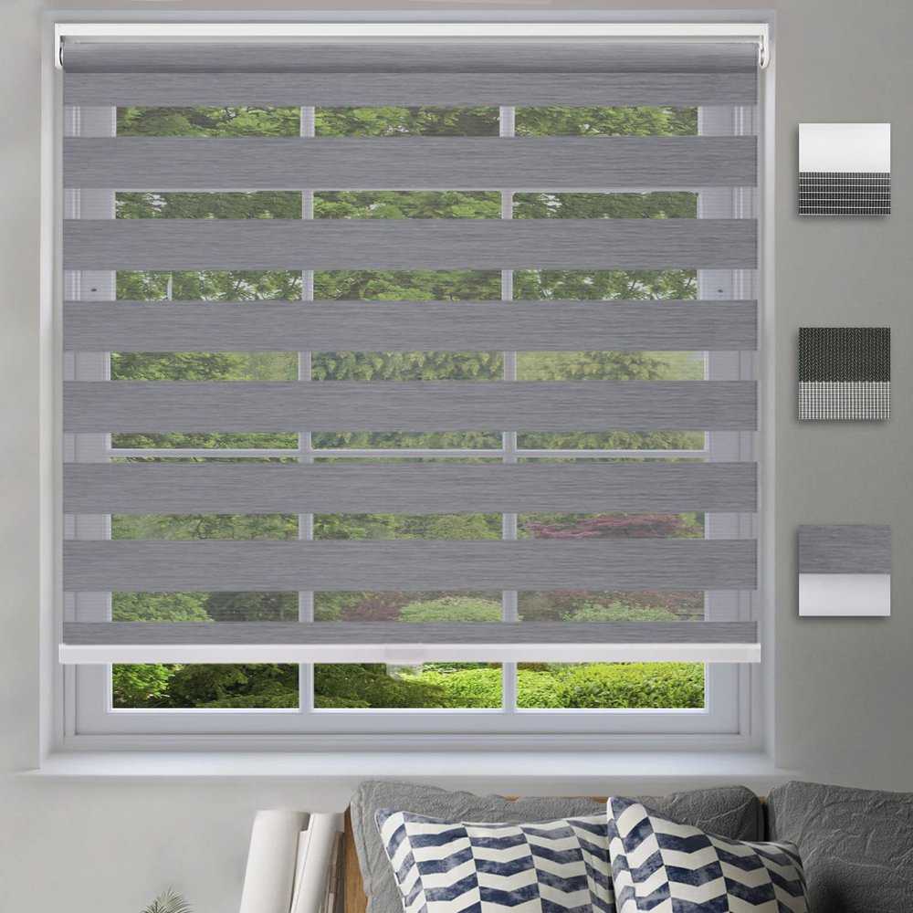 Cordless Zebra Blinds Roller Window Shades,Dual Layer Sheer Day and Night Blinds,Horizontal Free-Stop Zebra Blinds for Windows,Privacy Light Control [Gray, Size 58" W x 64" H] Custom Cut to Size