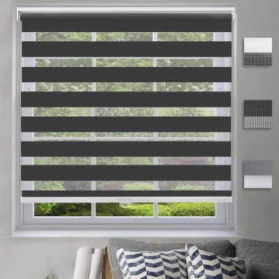 Cordless Dual Layer Fabric Zebra Roller Shades,Custom Light Filtering Zebra Blinds,Sheer or Privacy,Room Darkening Horizontal Window Treatment [Black, Size 33" W x 70" H] Easy to Install Custom Size