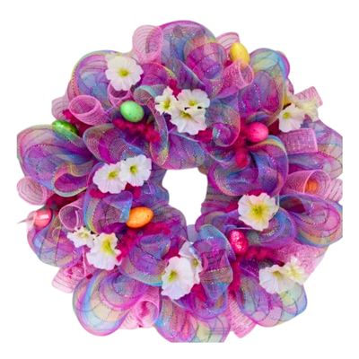 Pastel Plaid Easter Egg Deco Mesh Ribbon Wreath with White Flowers. Available in 24 inch and 28 inch diameters