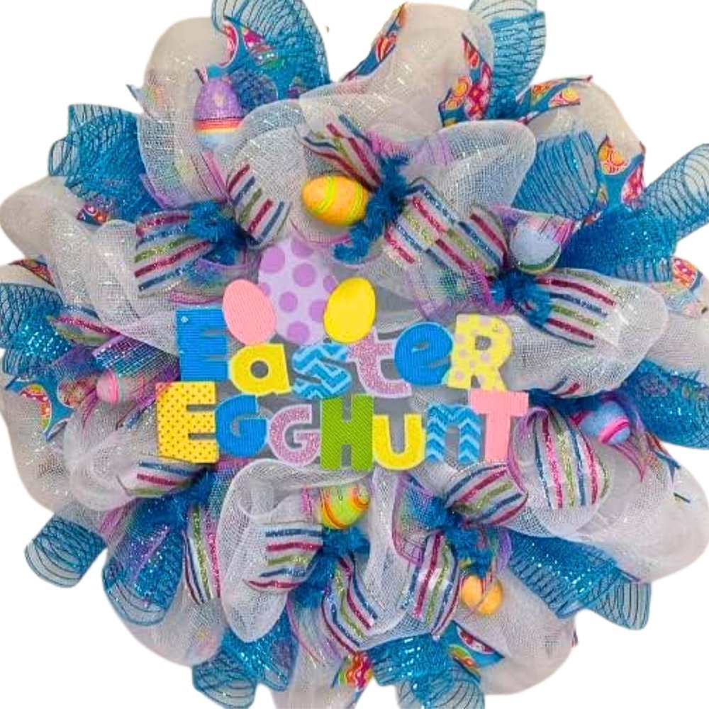 Glittering Easter Egg Hunt Deco Mesh Wreath. Available in 24 inch and 28 inch diameters.