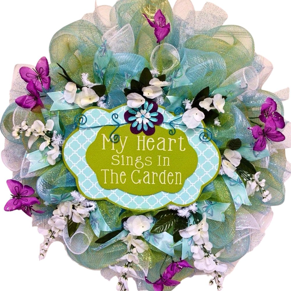 My Heart Sings in The Garden Spring or Summer Deco Mesh Wreath. Available in 24 inch and 28 inch diameters