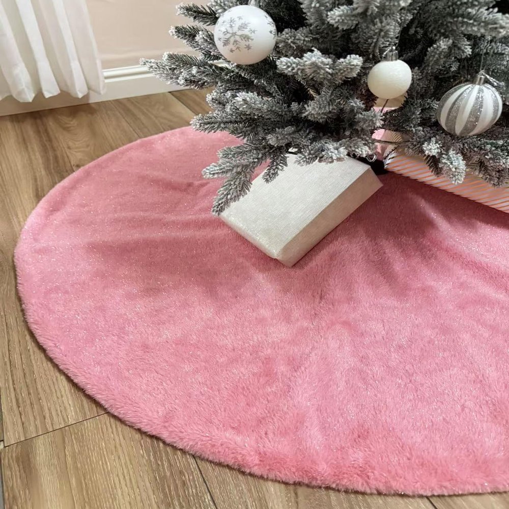 AOGU 48 Inch Faux Fur Christmas Tree Skirt Pink Shiny Plush Skirt for Merry Christmas Party Christmas Tree Decoration