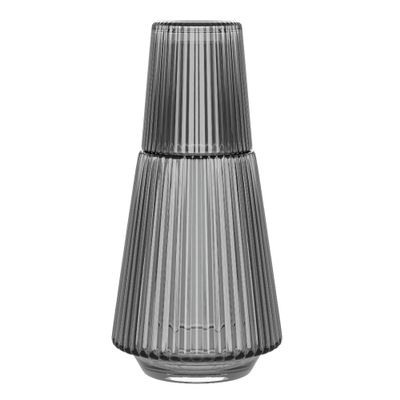 American Atelier 37 oz Vintage Bedside Water Carafe with Tumbler  9.25" Ribbed Glass Pitcher with Cup Lid for Bedroom, Guest Room, Office, Vanity, Decorative & Practical Drinkware (Gray)