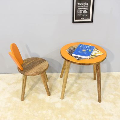Rugsotic Carpets Handmade 100% Mango Wood Kids Orange Color Round Shaped Rabbit Theme Indoor Table & Chair