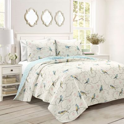 Lush Decor Botanical Bird and Flower Reversible Quilt Queen Size 3 Piece Set Full/Queen Multi - Floral Bedding Set Queen Quilt - Blue Quilts