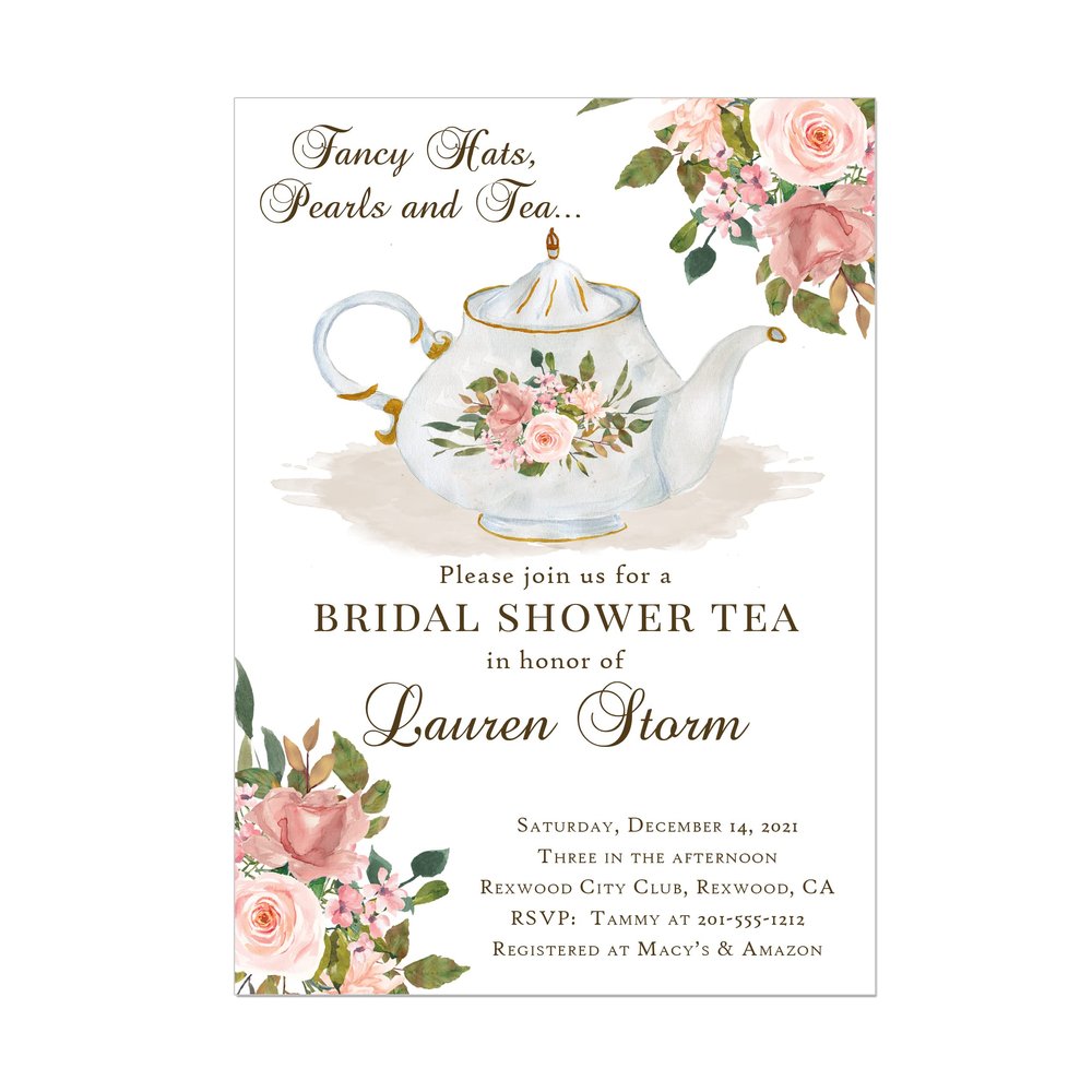 Bridal Shower Tea Party Invitation with Pink Watercolor Flowers and Teapot