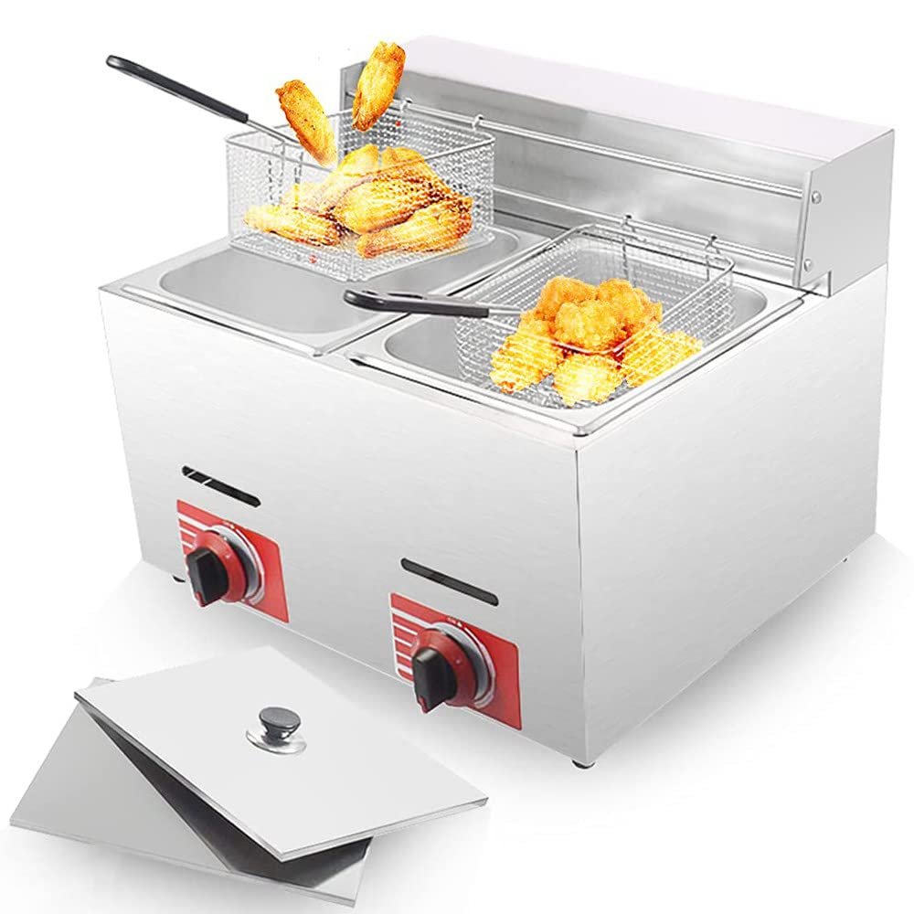 SHENGSHIYU 6l/12l Commercial Restaurant Professional Gas Fryer, Stainless Steel Table Top Single/Double Cylinder Lpg Fryer, Outdoor Stovetop with Fryer, Fried Chicken and Fish,Two-cylinderfryer