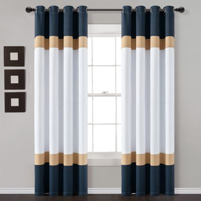 Lush Decor Alexander Color Block Light Filtering Window Curtain Panel Pair, 52"W x 84"L, Navy & Gold