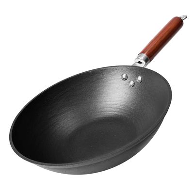 21st & Main Wok, Stir Fry Pan, Wooden Handle, 11 Inch, Lightweight Cast Iron, chefs pan, pre-seasoned nonstick, for Chinese Japanese and other cooking