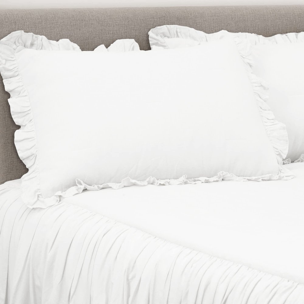 Lush Decor Belgian Flax Linen Blend Bedspread Queen Size 3 Piece Set Full/Queen White - Ruffle Bedding Set Queen Bedspread - Farmhouse Decor