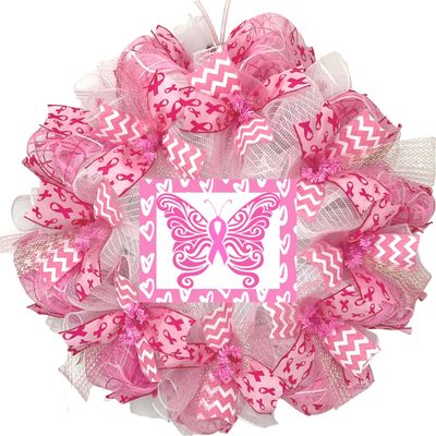 Breast Cancer Awareness Pink Butterfly Wreath Handmade Deco Mesh. Available in 24 inch and 28 inch diameters.