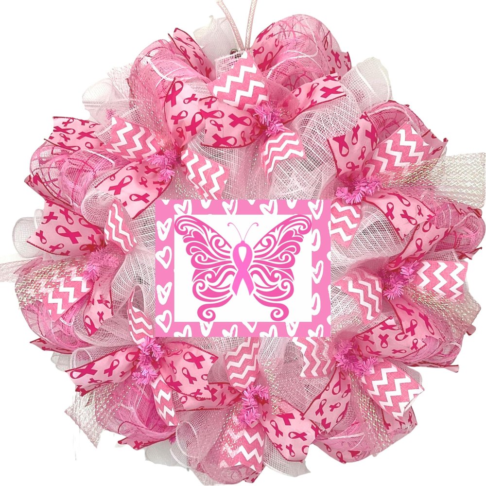 Breast Cancer Awareness Pink Butterfly Wreath Handmade Deco Mesh. Available in 24 inch and 28 inch diameters.