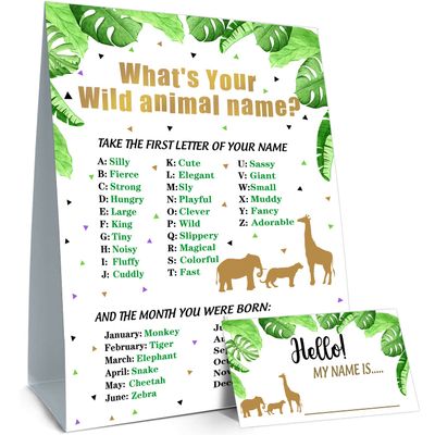 Wild Animal Name Game - Birthday Party Game with Animal Theme Sign and Name Tag Stickers