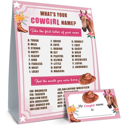 What's Your Cowgirl Name, Cowgirl Birthday Party Sign for Girls, Holiday Activity, Kids Cowgirl Activity Cards, Cowgirl Activity Decoration Supplies(1 Superhero Theme Sign and 30 Name Tag Stickers)